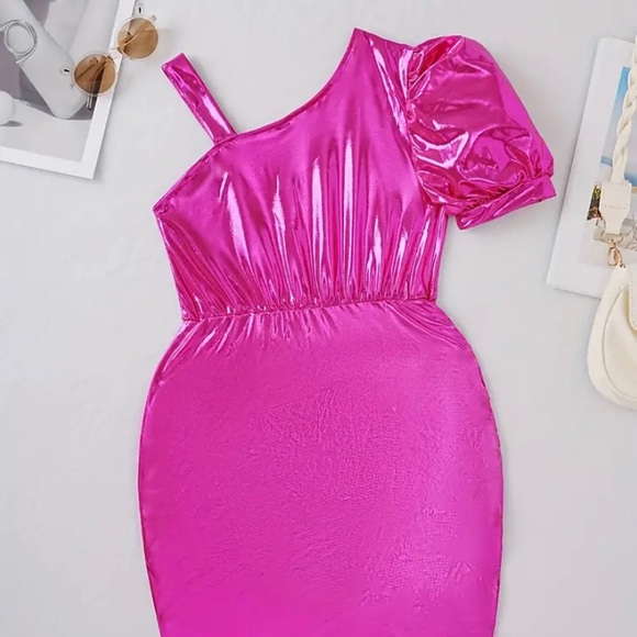 Hot Pink Girls Metallic Foil Dress - Picture 2 of 5